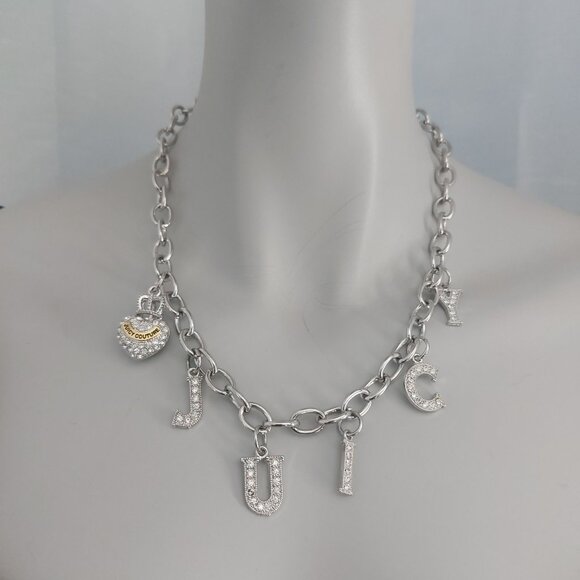VTG Juicy Couture Necklace Y2K Pave Crystals Heart Lock Crown Charm Silver Tone - Picture 14 of 14